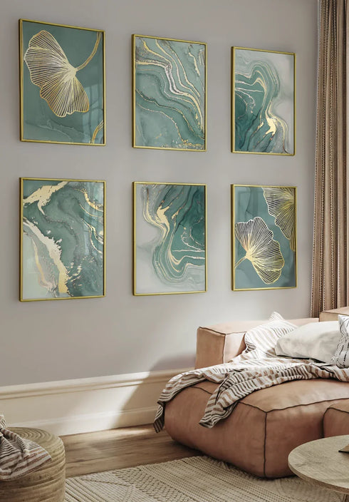 Set Of 6 Posters Mint Agate Real Gold + 6 Gold Metallic Frames 50x70cm